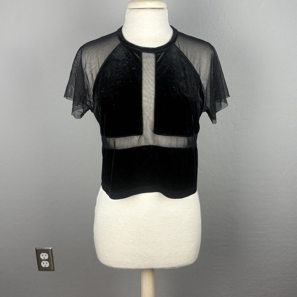 Express Shirt Womens S Black Sheer Mesh Velvet Trim Whimsigoth Witchy Y2K Grunge